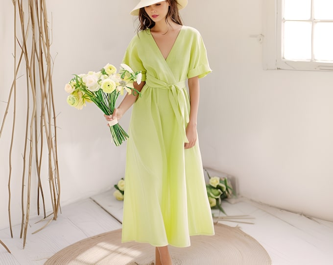 Anysize custom short sleeves 100% linen V-neck retro belted dress with pockets spring summer plus size dress plus size clothing F470L