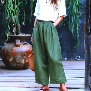 Anysize custom 100% linen cropped elastic waist loose pants spring summer casual loose plus size trousers oversized plus size clothing F476L