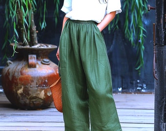 Anysize custom 100% linen cropped elastic waist loose pants spring summer casual loose plus size trousers oversized plus size clothing F476L