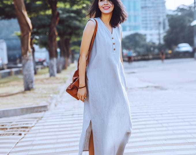 Anysize custom 100% linen dress sleeveless v neck maxi dress with side pockets spring summer plus size dress plus size clothing F80DL