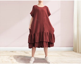 Anysize short sleeves soft linen cotton summer dress fake two pieces dress loose plus size clothing T39A