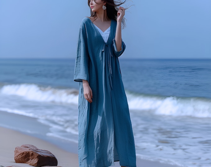 Anysize custom long sleeves cardigan soft linen cotton cardigan with tie rope spring fall plus size cardigan plus size clothing F541E