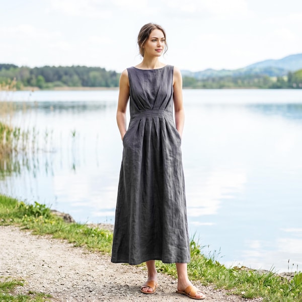 Anysize Custom 100% Linen Dress Boat collar Sleeveless Fit and Flare Dress Pleated Waist Dress Minimal Linen Dress With Pockets F68WL