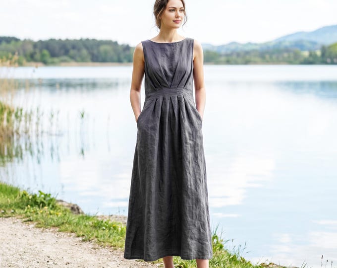 Anysize Custom 100% Linen Dress Boat collar Sleeveless Fit and Flare Dress Pleated Waist Dress Minimal Linen Dress With Pockets F68WL
