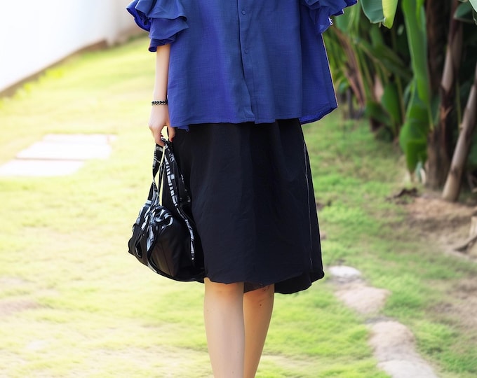 Anysize custom 100% linen A-line midi skirt elastic waist with pockets spring summer fall plus size skirt plus size clothing F29DL