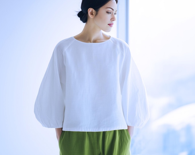 Anysize custom 100% linen shirt with latern sleeves elastic cuff loose linen tops plus size tops plus size clothing F72JL