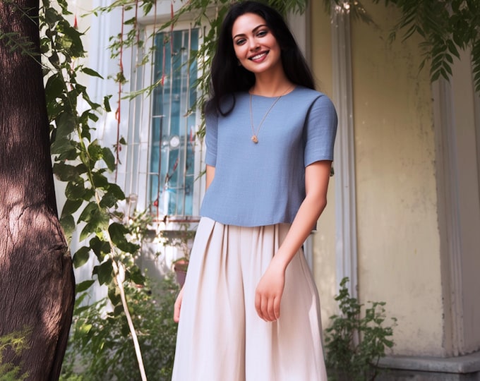 Anysize custom 100% linen tops round neck shirt loose tops short sleeves linen blouse summer plus size tops plus size clothing F16JL