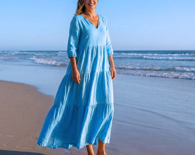Anysize Custom V Neck 100% Linen Dress 3/4 Sleeves With Side Pockets Pleated Spring Summer Full Plus Size Dress Plus Size Clothing F87TL