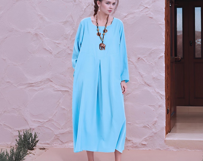 Anysize soft linen cotton square neck long sleeves maxi dress with pockets spring summer fall dress plus size dress plus size clothing F177Q