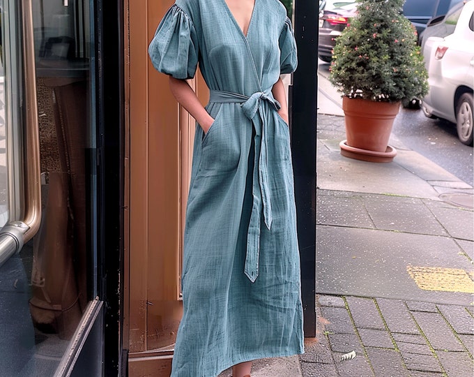 Anysize custom 100% linen puff sleeves V-neck casual dress with side pockets spring summer maxi plus size dress plus size clothing F452L