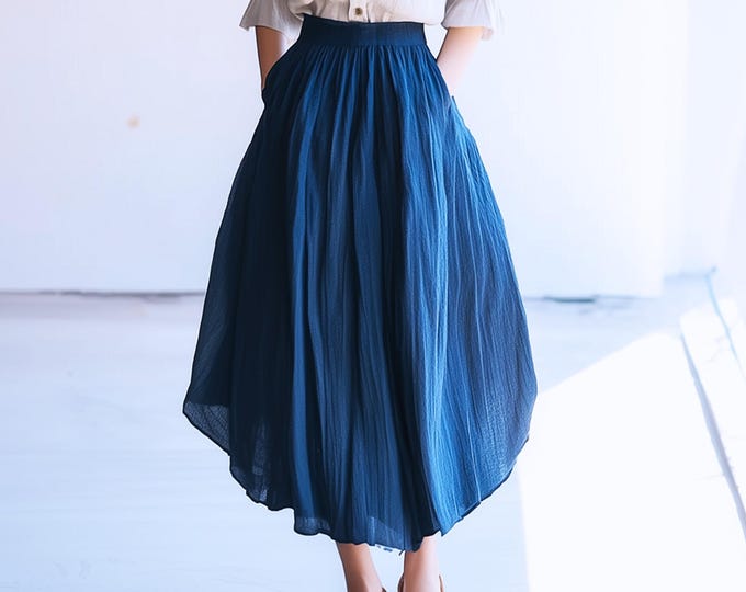 Anysize custom 100% linen maxi skirt A-line elastic waist with belt spring summer fall plus size skirt plus size clothing F49AL