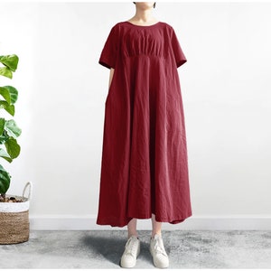 Anysize short sleeves with side pockets maxi dress soft loose linen cotton summer dress plus size dress T37A