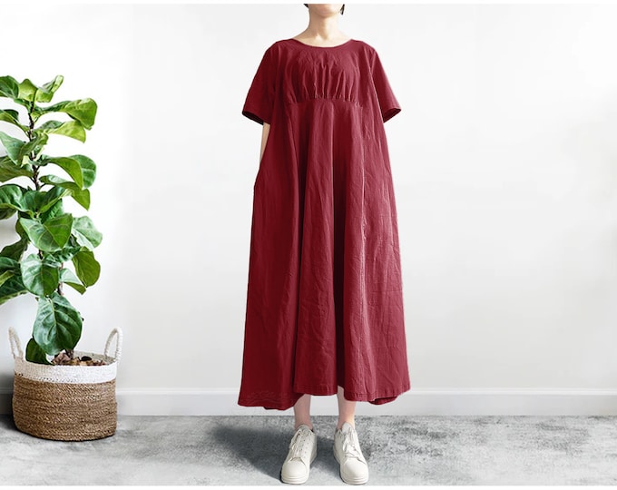 Anysize short sleeves with side pockets maxi dress soft loose linen cotton summer dress plus size dress T37Q