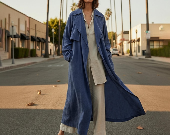 Anysize Custom Coat Soft Linen Cotton Long Coat Casual Loose With Pockets Spring Fall Jacket Plus Size Clothing Plus Size Coat F81SE