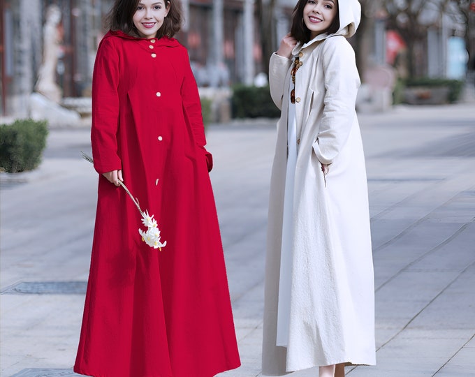 Anysize hooded linen cotton coat maxi loose robe spring fall winter windbreaker duster coat jacket plus size clothing plus size dress F333N