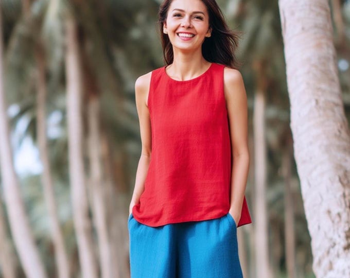 Anysize custom 100% linen sleeveless tops round neck loose tops summer tank undershirt plus size tops plus size clothing F54JL
