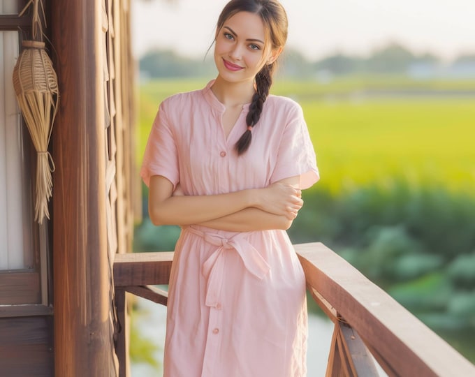 Anysize custom 100% linen collared shirt dress short sleeves summer midi dress with side pockets plus size dress plus size clothing F60JL