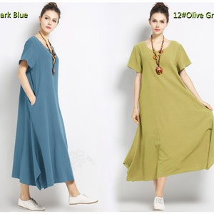 Anysize Short Sleeves Summer Soft Linen Cotton Loose Dress With Side ...