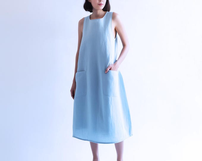 Anysize custom 100% linen sleeveless loose maxi dress with patch pockets spring summer plus size dress plus size clothing F95CL
