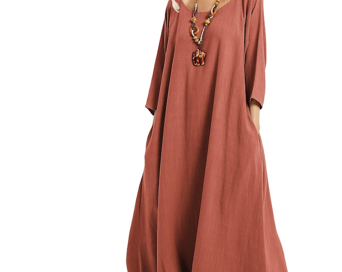 Anysize 3/4 sleeves lantern style side pockets soft linen cotton spring summer maxi dress plus size dress plus size clothing F174Q