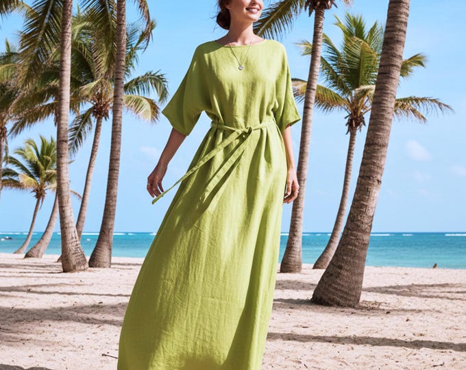 Anysize Custom 100% Linen Batwing Sleeve Maxi Dress Loose Fit Tie Waist Summer Resort Dress Plus Size Dress Plus Size Clothing F33UL