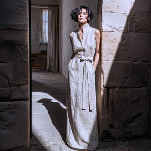Vestido largo de verano de talla grande, sin mangas, 100 % lino, con cuello en V y bolsillos laterales, personalizado, F8DL