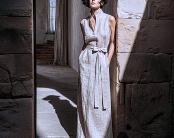 Anysize custom sleeveless 100% linen collared v neck maxi dress with side pockets summer plus size dress plus size clothing F8DL