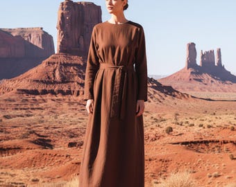 Anysize Custom Belted Maxi Linen Cotton Dress Long Sleeves with Side Pockets Spring Fall Retro Plus Size Dress Plus Size Clothing F55SN