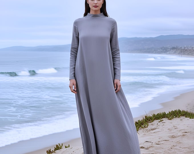 Anysize Custom Soft Linen Cotton Turtleneck Dress Long sleeves Plus Size Maxi Dress With Side Pockets Plus Size Clothing F96SE