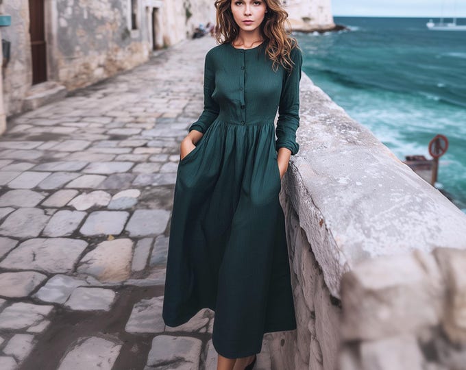 Anysize custom soft linen cotton plus size dress long sleeves with functional butoons side pockets spring fall plus size clothing F90PE