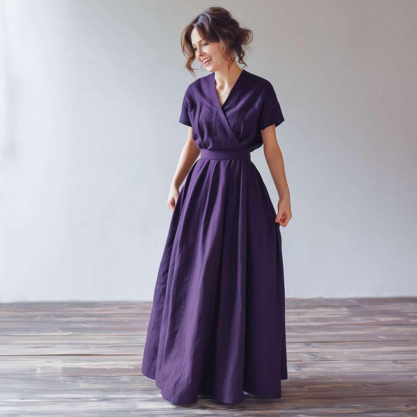 Linen Maxi Dress - Long Strappy Wrap Sundress