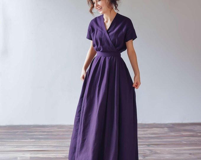 Anysize 100% linen maxi dress with side pockets belt spring summer loose dress plus size maxi dress plus size clothing F30JL