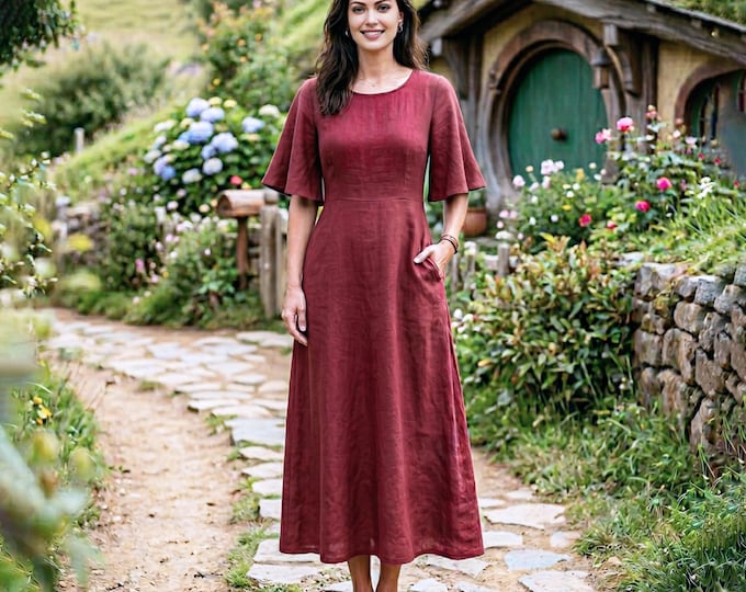 Anysize Custom 100% Linen Dress for Women Flare Sleeve A-Line Dress Fitted Waist Casual Summer Dress with Pockets Plus Size Dress F79VL