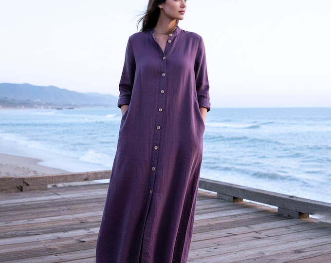 Anysize Custom 100% Linen Shirt Dress long Sleeves Dress With Pockets Spring Summer Fall Plus Size Dress Plus Size Clothing F52TL