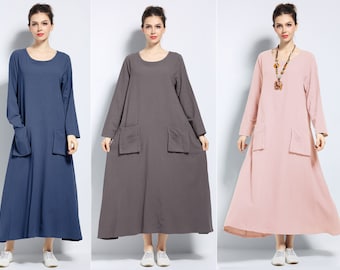 Anysize with utility pockets soft linen cotton loose dress spring fall maxi dress plus size dress plus size clothing F132A