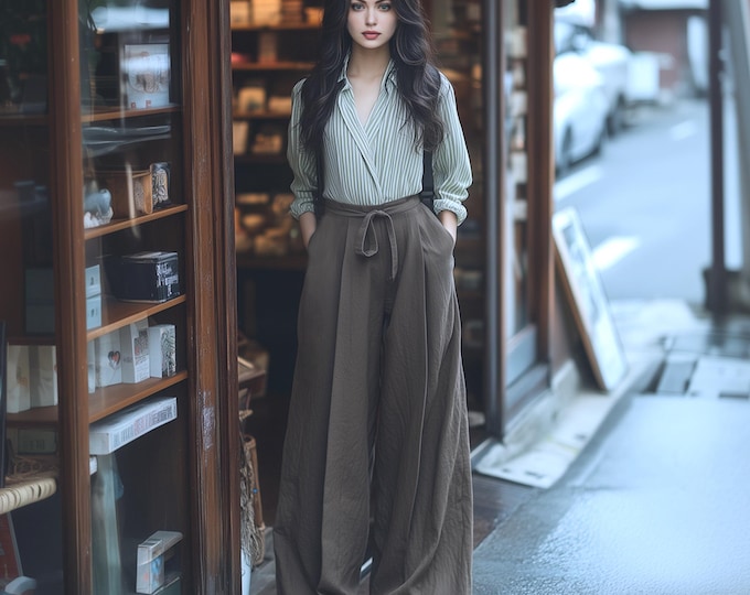 Anysize custom linen cotton pants spring fall wide leg pants with drawstrings long trousers plus size pants plus size clothing F843N