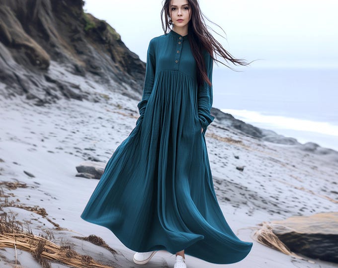 Anysize custom soft linen cotton plus size dress with functional buttons loose dress with side pockets spring fall plus size clothing F673E