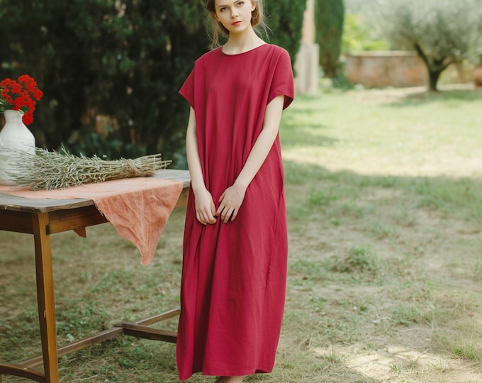 Anysize custom 100% linen maxi dress with side pockets spring summer loose dress plus size maxi dress plus size clothing F50RL