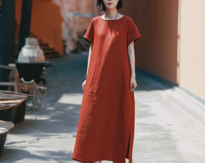 Anysize custom side split 100% linen maxi dress with side pockets spring summer loose dress plus size maxi dress plus size clothing F51RL