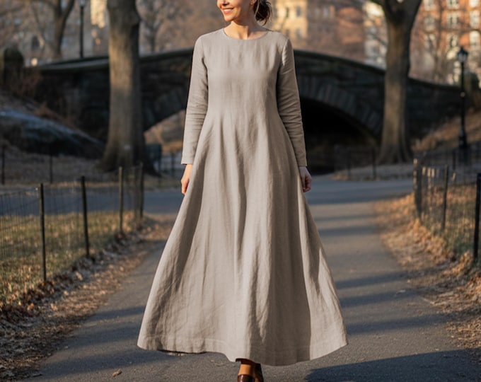 Anysize Custom A-line Dress Fall Winter Maxi Dress Long Sleeves Linen Cotton Robe Plus Size Dress Plus Size Clothing F91SN