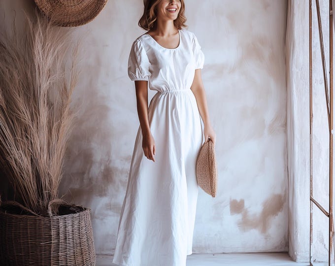 Anysize custom 100% linen bubble sleeves dress with side pockets waist elastic plus size dress plus size clothing F69CL