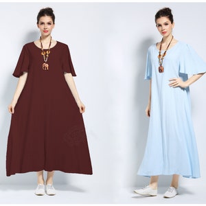 Anysize Lotus leaf sleeves pure color soft linen cotton loose dress with side pockets plus size dresss pring summer dress F141A