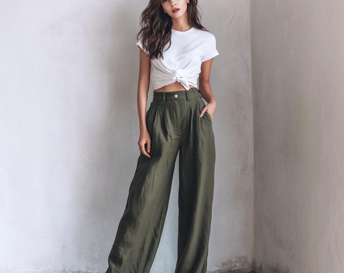 Anysize buttoned back elastic waist linen cotton pants spring fall trousers with pockets plus size pants plus size clothing F75YE
