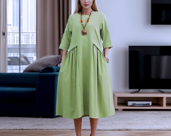 Anysize custom 100% linen 3/4 sleeves dress with side pockets plus size dress plus size clothing F534L