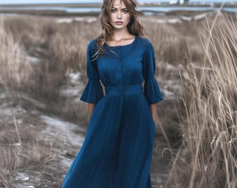 Anysize custom dress with functional buttons 3/4 flare sleeves soft linen cotton dress  side pockets spring fall plus size clothing F62PE