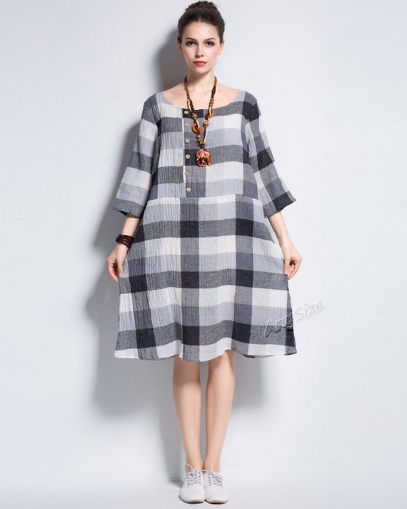 Anysize boat neck classic plaid soft linen dress plus size | Etsy