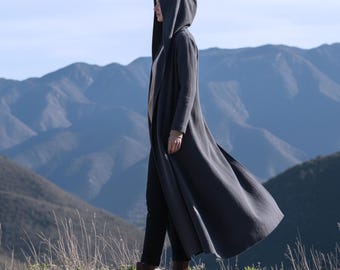 Anysize Custom Hooded Windbreaker Linen Cotton Coat Maxi Loose Spring Fall Winter Duster Coat Plus Size Clothing Plus Size Clothing F73SN