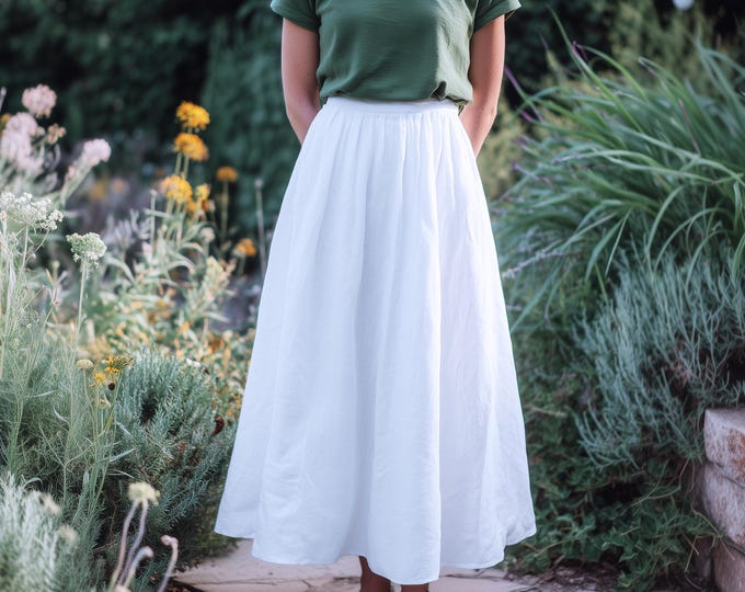 Anysize 100% linen spring summer long skirt A-line pleated elastic waist maxi dress customization plus size clothing F18RL