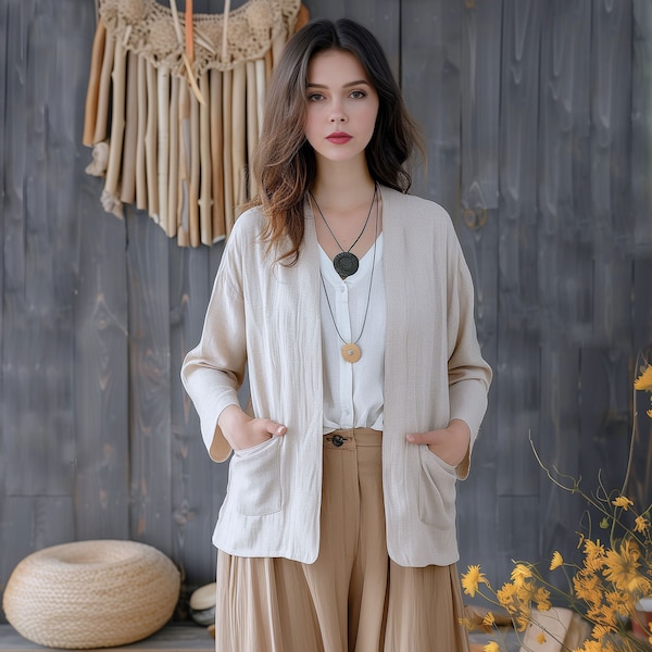 Anysize custom linen cotton cardigan spring summer fall plus size jacket loose casual plus size coat plus size clothing F446E