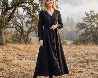 Anysize Custom Linen Cotton V Neck Maxi Dress Front Buttoned Long Sleeve Dress With Pockets A Line Belted Fall Winter Plus Size Dress F77HN